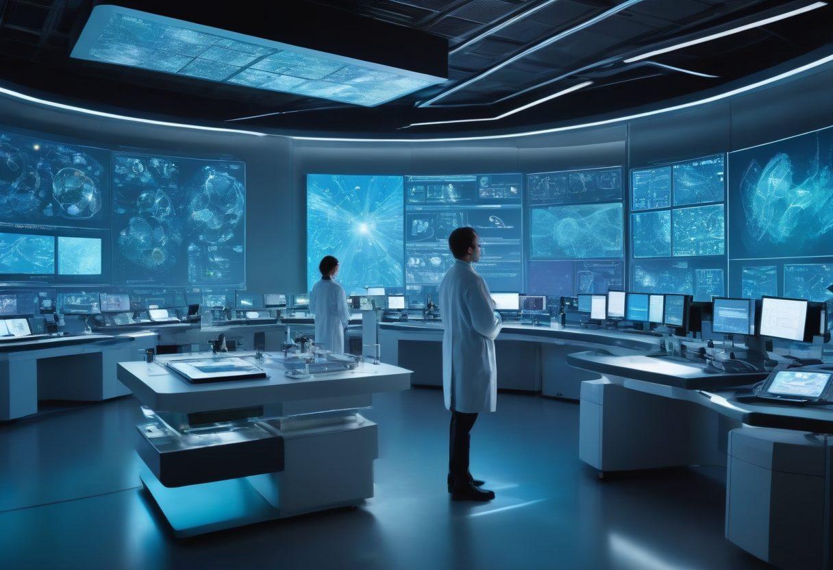 A futuristic laboratory filled with advanced microscopes and state-of-the-art analytical instruments, with scientists actively engaged in groundbreaking research. Sleek, high-tech environment with holographic data displays illuminating their findings. Hyper-realistic and vibrant colors. 3D.