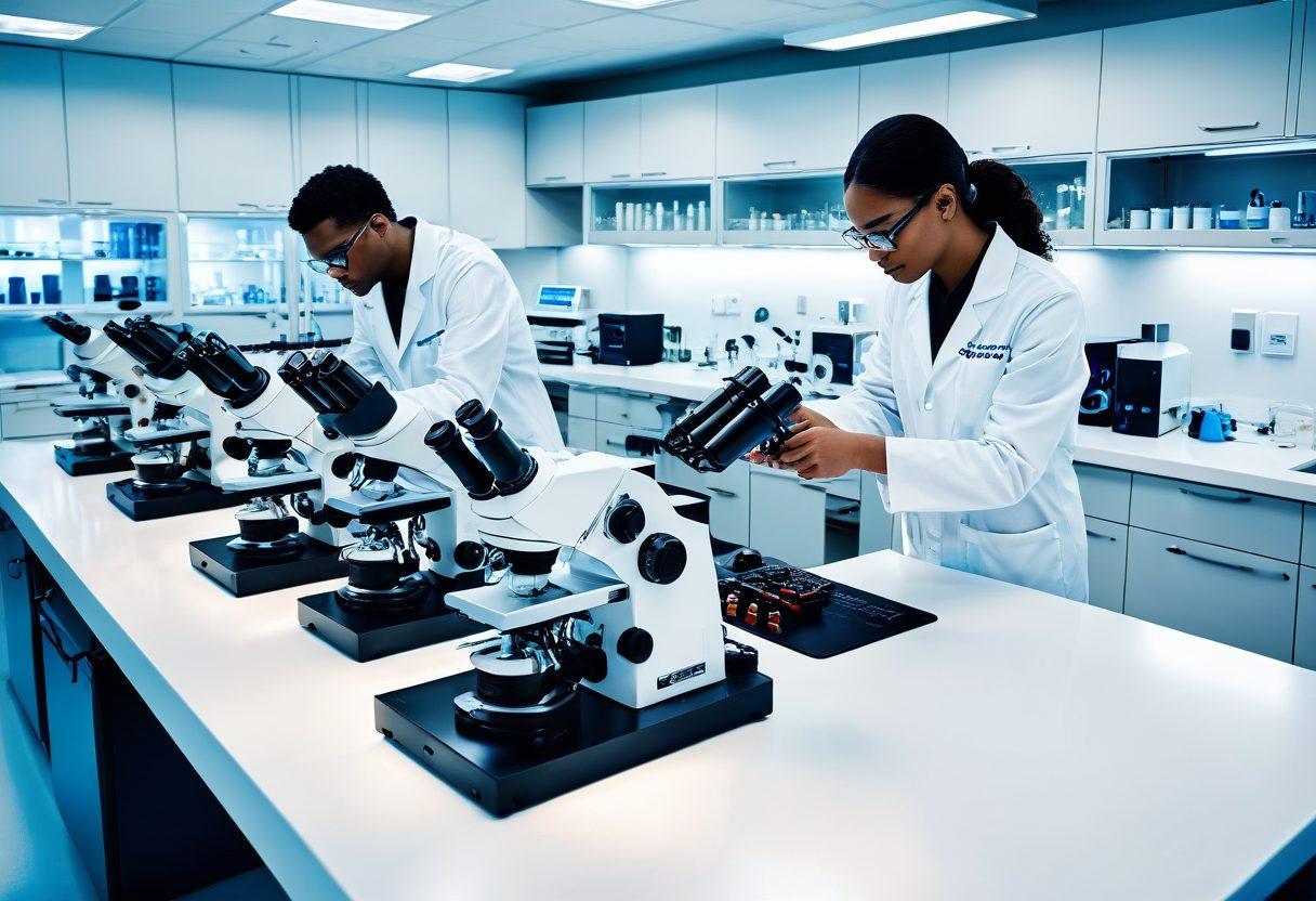 A modern laboratory setting with sleek, advanced equipment like microscopes, centrifuges, and pipettes on pristine countertops. Scientists in lab coats are meticulously handling samples, surrounded by high-tech safety gear and precision instruments. Bright lighting highlights the keen focus and cleanliness of the lab environment. super-realistic. vibrant colors. white background.