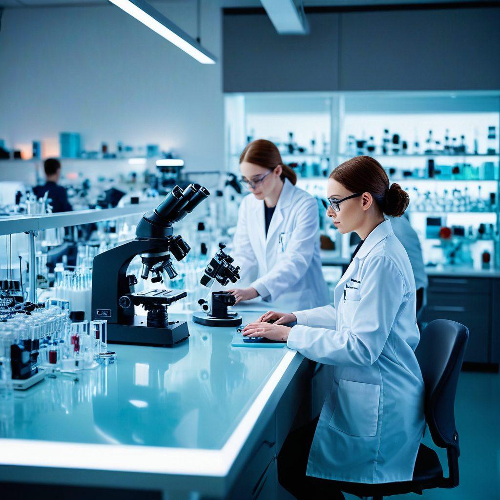 A modern, high-tech laboratory filled with essential scientific instruments: microscopes, centrifuges, pipettes, and beakers. Scientists in lab coats deeply engaged in experiments. Include clean, organized workspaces with detailed close-ups of the equipment. futuristic style. high-definition. vibrant colors.